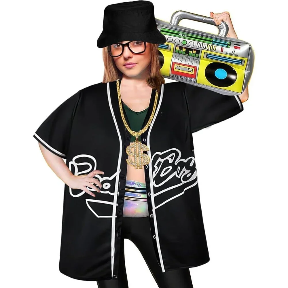 80s 90s Women Outfit 6PCS Hip Hop Costume Baseball Jersey Pants Accessories